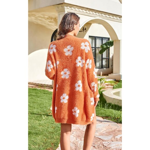 Women's Wool Blend Long Cardigan Sweater with Floral and Stripes Casual Wear - Picture 3 of 8